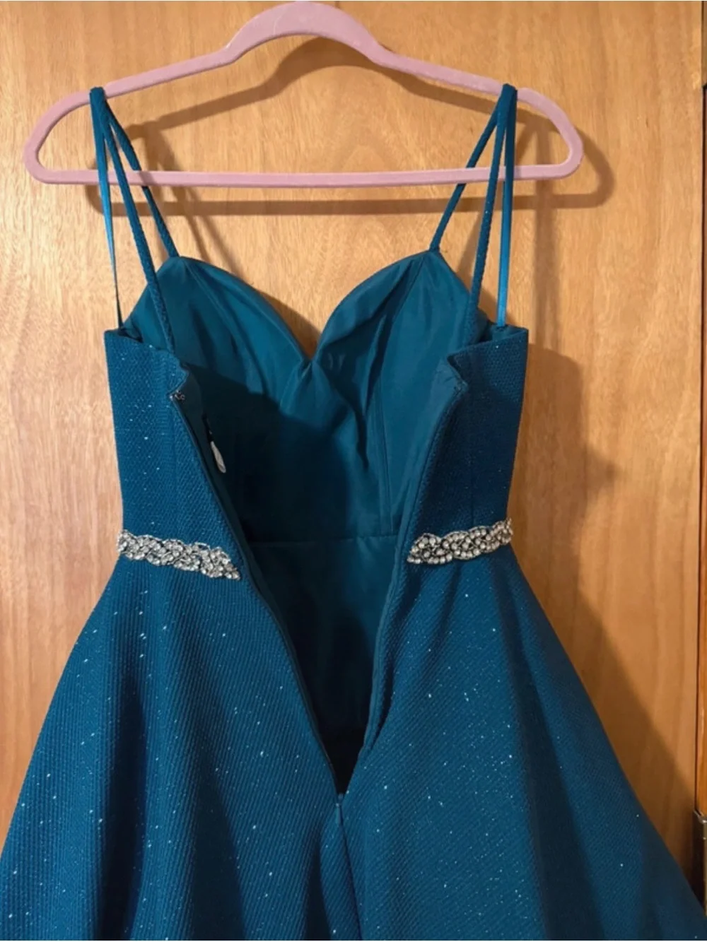 Jovani Teal Sparkle Fit-and-Flare Cocktail Dress with Beaded Waist